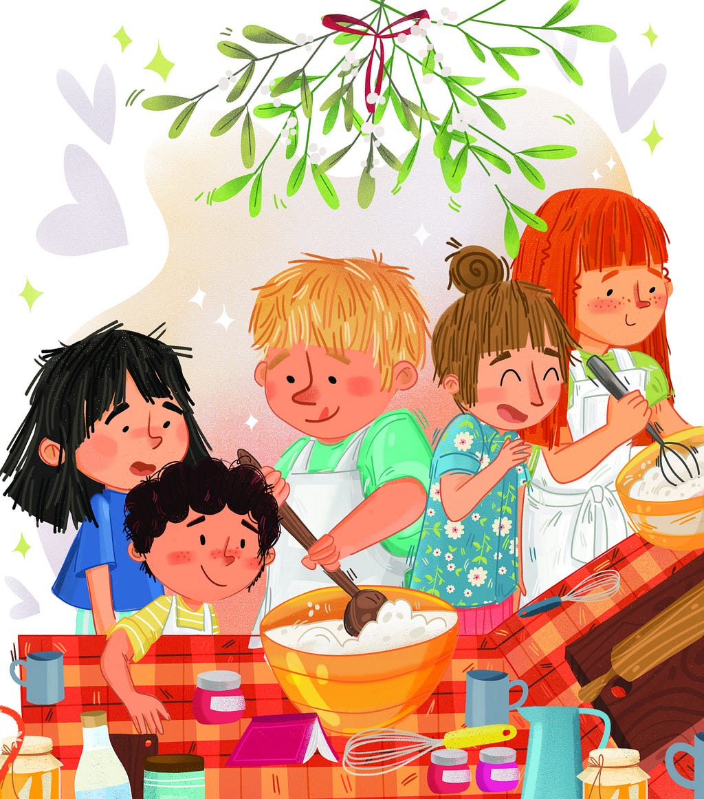 two black-haired kids, a blonde kid mixing batter with a spoon in a bowl, a brunette girl laughing, and a red haired girl whisking something in a bowl by Kasia Nowowiejska (represented by Good Illustration)