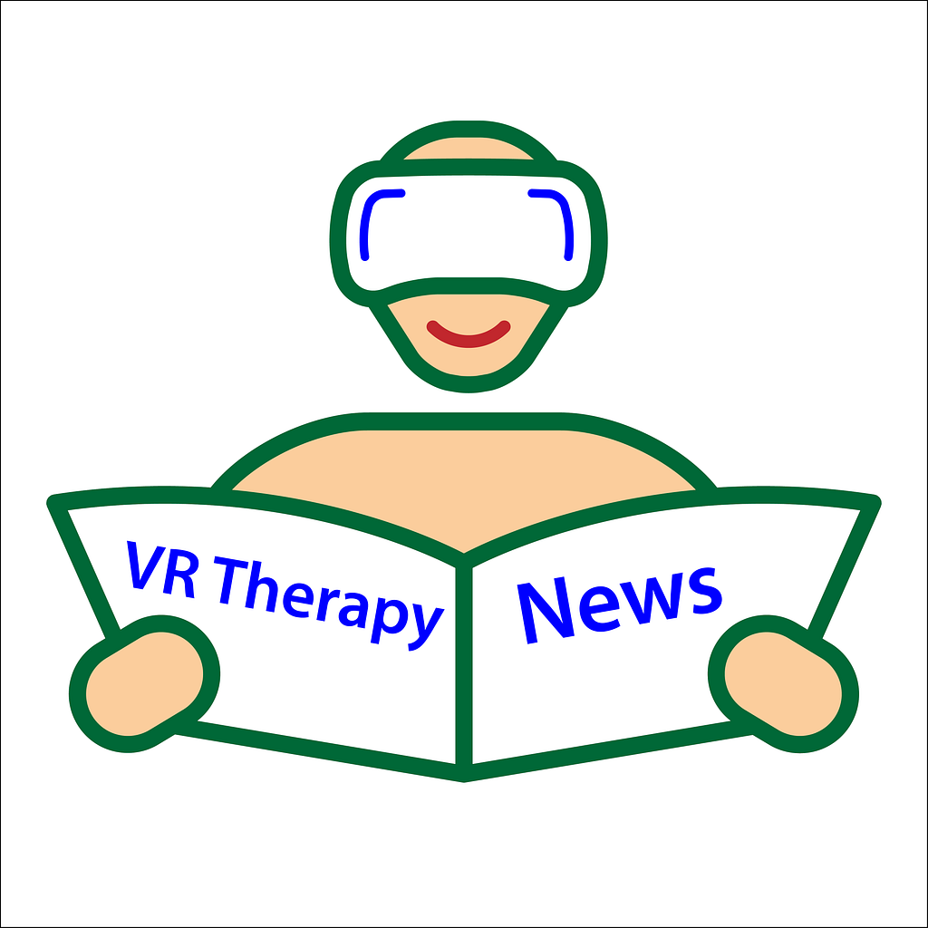 logotype for VR therapy news shows a person wearing VR headset and reading a newspaper.