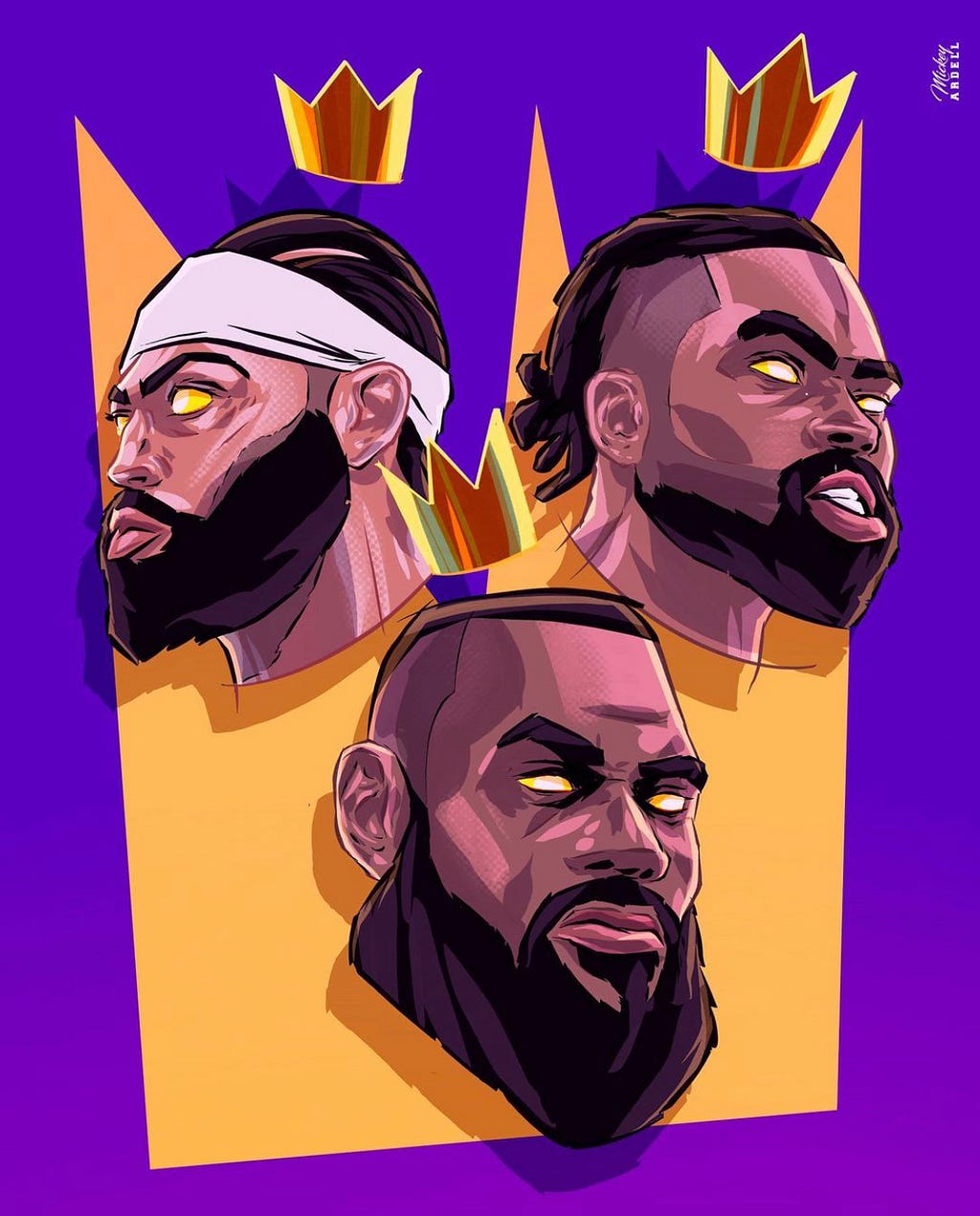 The heads of LeBron James, Anthony Davis, and D’Angelo Russell, all with gold in their eyes and crowns on their head, in front of a gold grown backdrop and purple background.