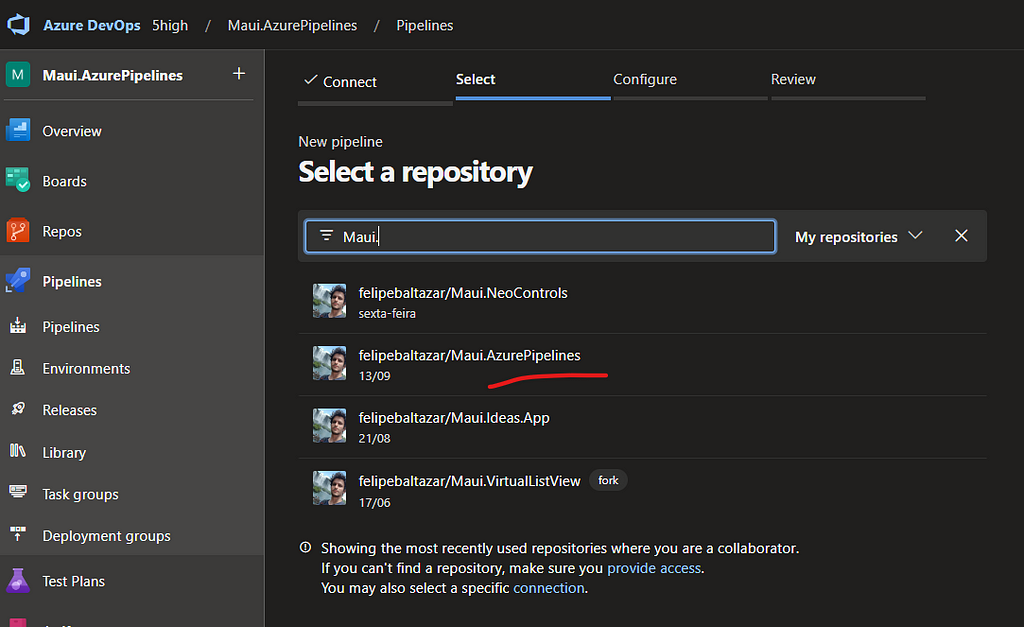 AzureDevops pipeline panel with a filter to select a repository to attach to pipeline