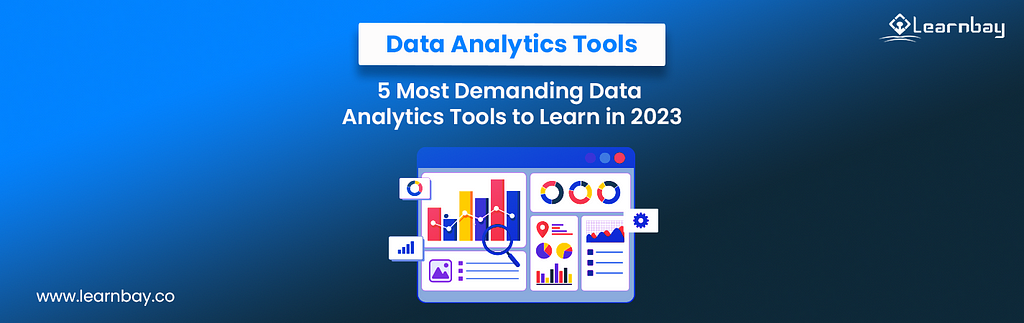 A banner image titled, ‘5 Most Demanding Data Analytics Tools to Learn in 2023’ shows a screen with multiple charts and graphs such as, ‘bar graphs’, ‘donut charts’, ‘stacked graphs’, ‘pie-charts’, and ‘line charts’ with details.