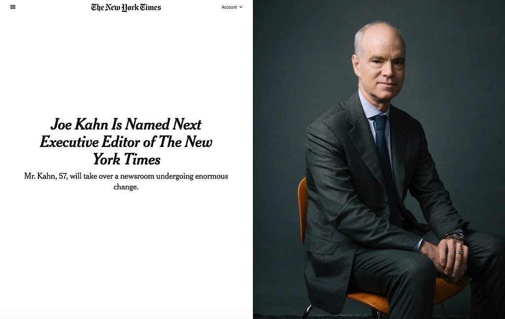 Captura de pantalla de la noticia publicada en NYTimes.com sobre el nombramiento de Joe Kahn como nuevo director del diario The New York Times.