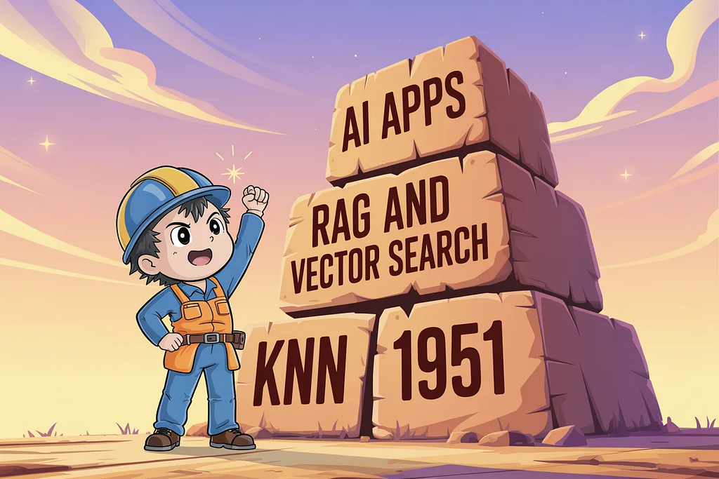 Cartoon engineer at base of layered pyramid with bottom layer labeled KNN and top layer labeled AI apps