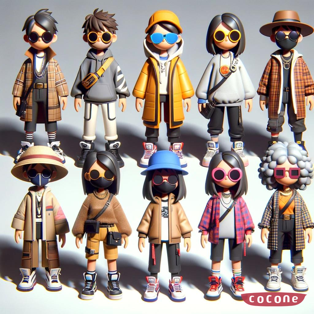 A variety of avatars dressed in unique digital fashion, illustrating the fusion of gaming and personal style, epitomizing self-expression and digital identity.