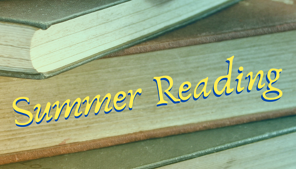 Several books stacked and viewed from the side. The books are old, with weathered covers. “Summer Reading” is written along one of the book’s diagonal lines, with yellow text on top of blue. There is a mild blue-yellow gradient on top of the image.