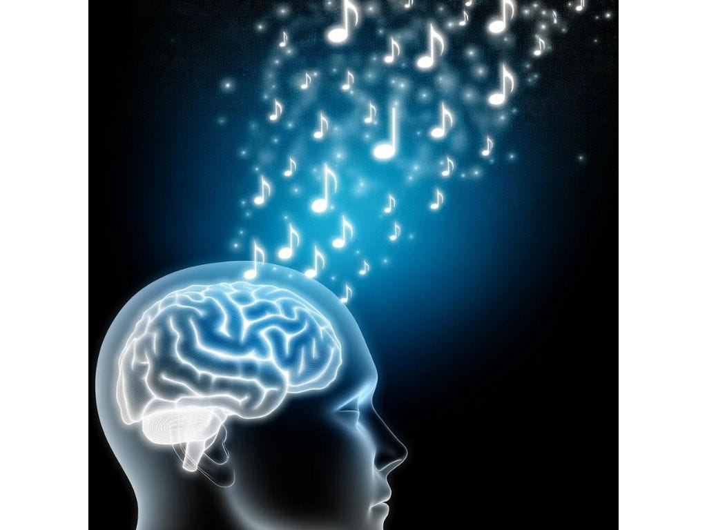 The image illustrates an abstract visualization of a brain in a relaxed state, surrounded by musical notes, depicting the soothing impact of meditation music on the nervous system.