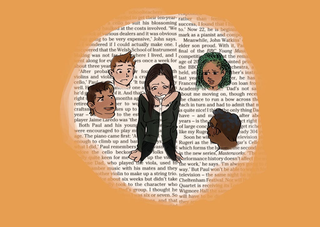 An illustration of a person surrounded by different talking heads and text to symbolize what it’s like living with ADHD.