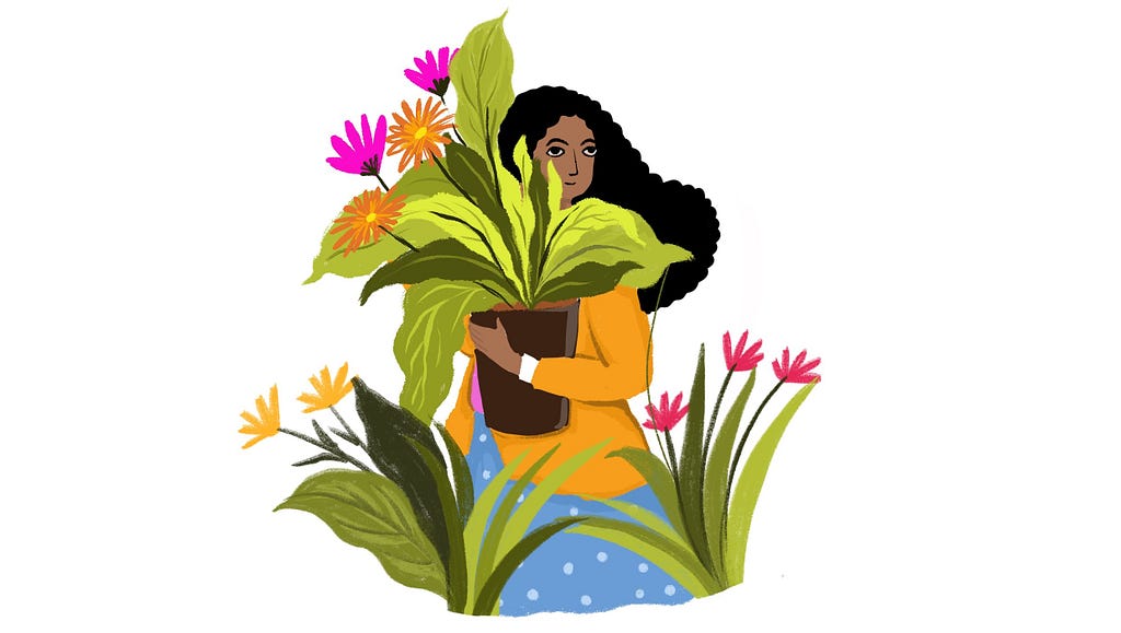 Colourful illustration of a woman holding a plant with big leaves and flowers