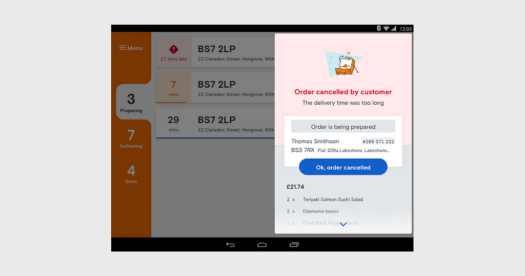 A screenshot of the Just Eat Orderpad app, showing the final design of the customer cancelled order component