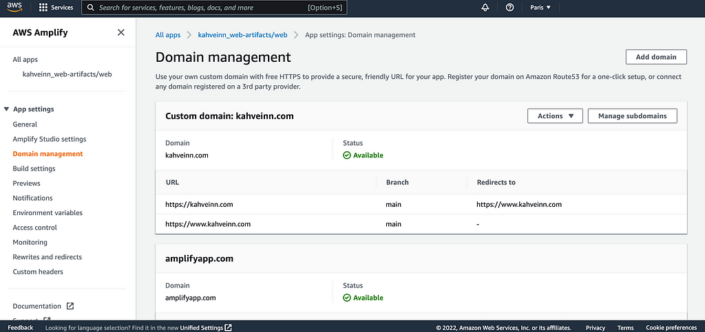 Domain management page overview with a custom domain