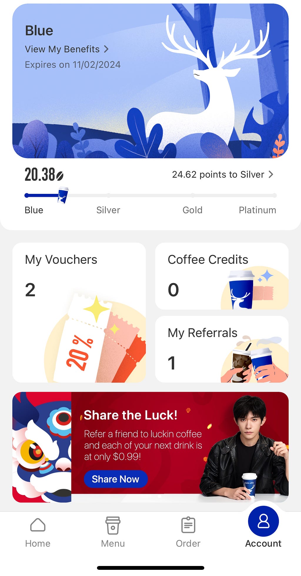 Screenshot of some of loyalty features that the Luckin app offers.