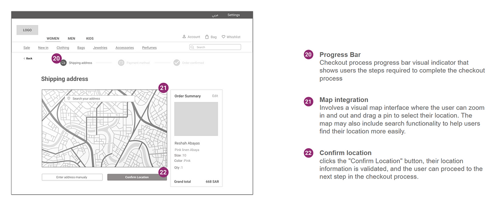 An image displaying a med-fi wireframe for the Ivy Concept Store e-commerce website’s “Shipping Address Page” is shown on a white background. The wireframe features a split-screen layout and includes annotations for a progress bar, map integration, and a “confirm location” button.