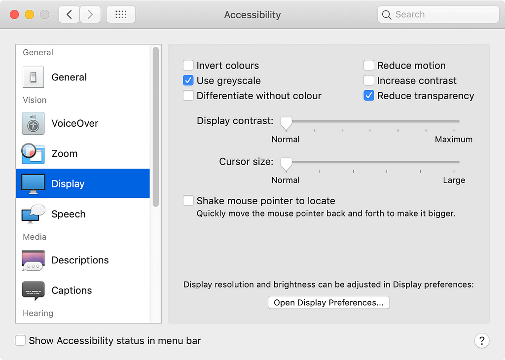 The Mac preferences window to turn on greyscale for the display.