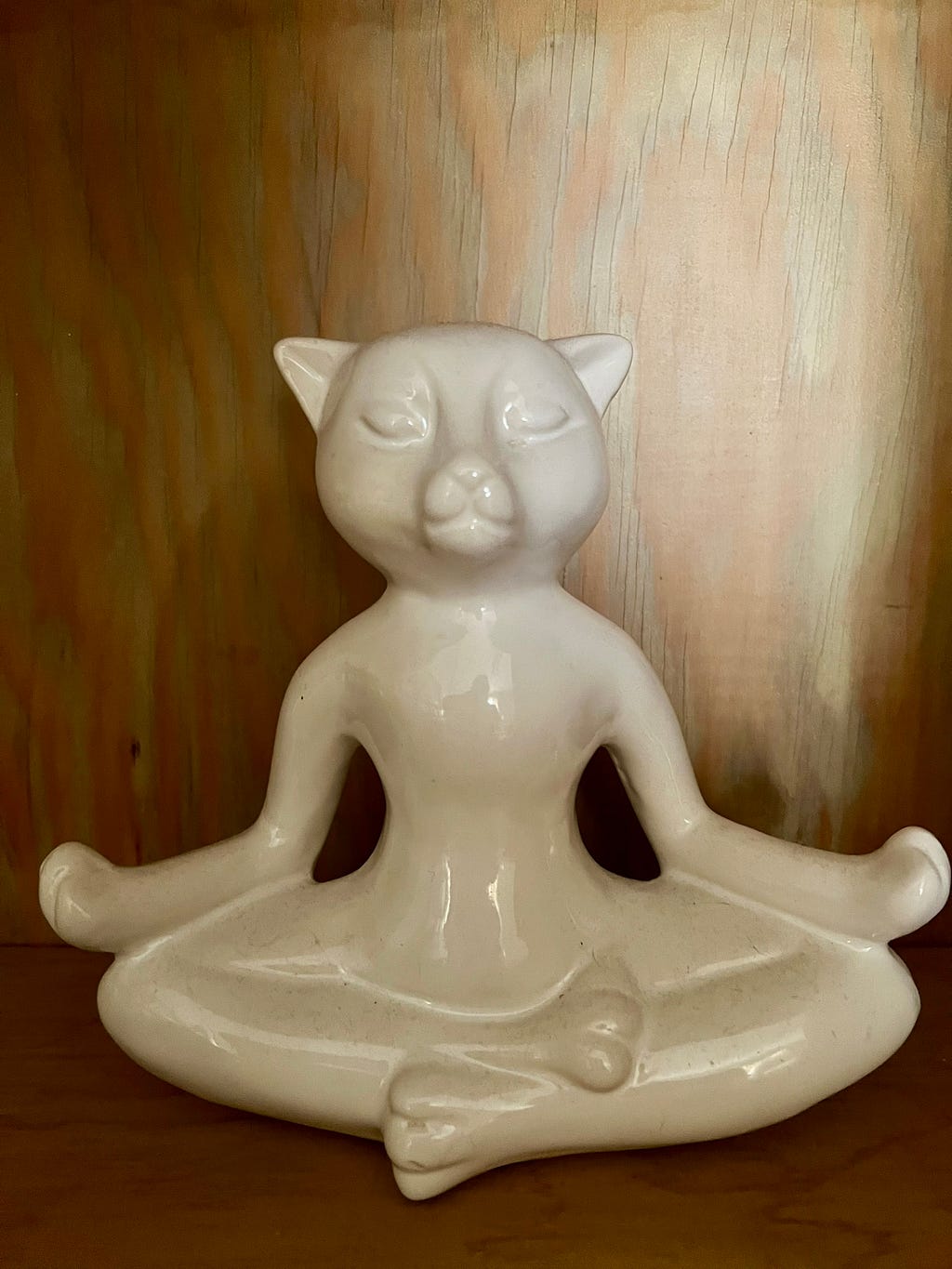 A porcelain white cat statue.