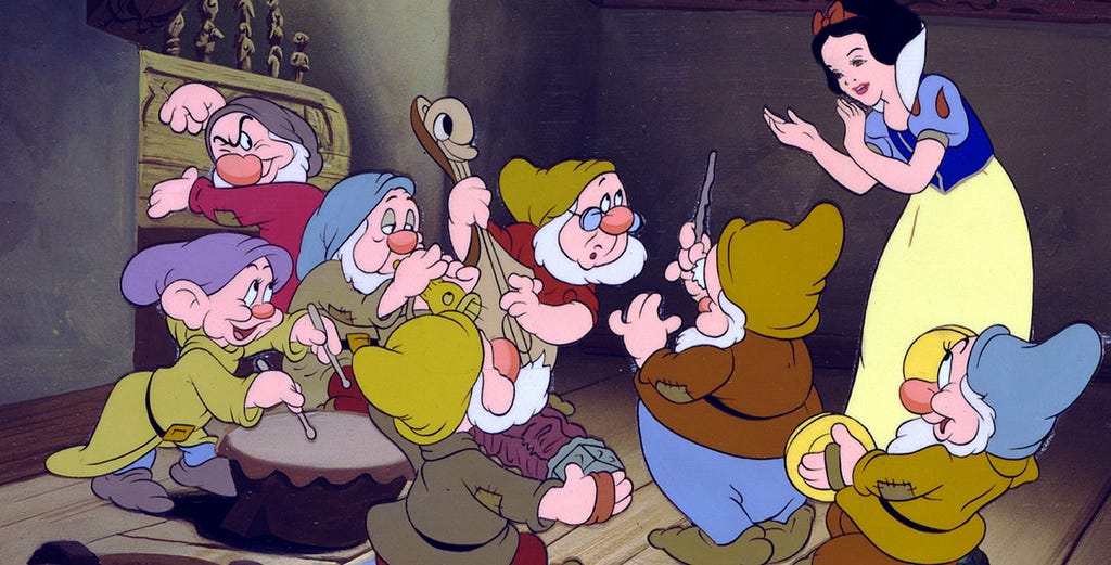 An animated image of seven dwarfs playing music with Snow White, a woman in a blue and yellow dress.