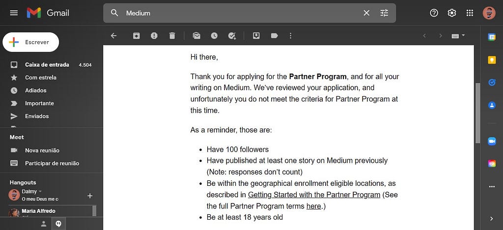 Medium email, Medium Partner Program Criteria, Email about criteria