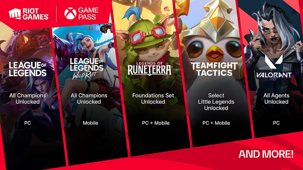A promotional image for the Riot Games + Xbox Game Pass partnership. It shows images for all 5 of our games overlaid with the platforms available and the core offerings provided to Game Pass members.