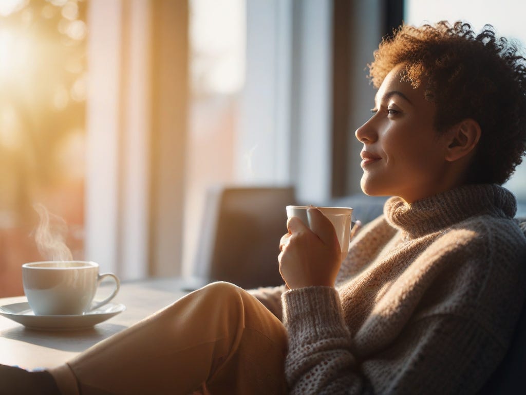 A photo of a woman sitting relaxed in a chair, holding a steaming mug of coffee. She has a calm expression and is looking out a window on a sunny day.