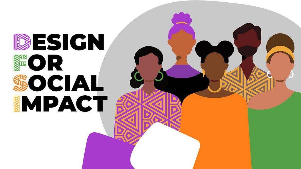 Design for Social Impact Logo. Five figures, illustrated. the figures are Black and Brown and wear brightly coloured clothes