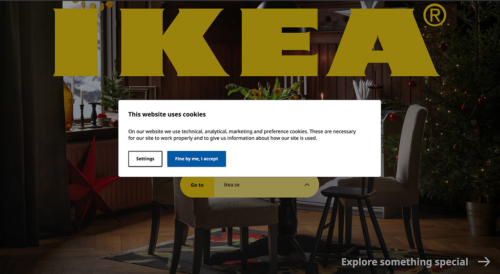 Ikeas home page with a cookie notification in the middle