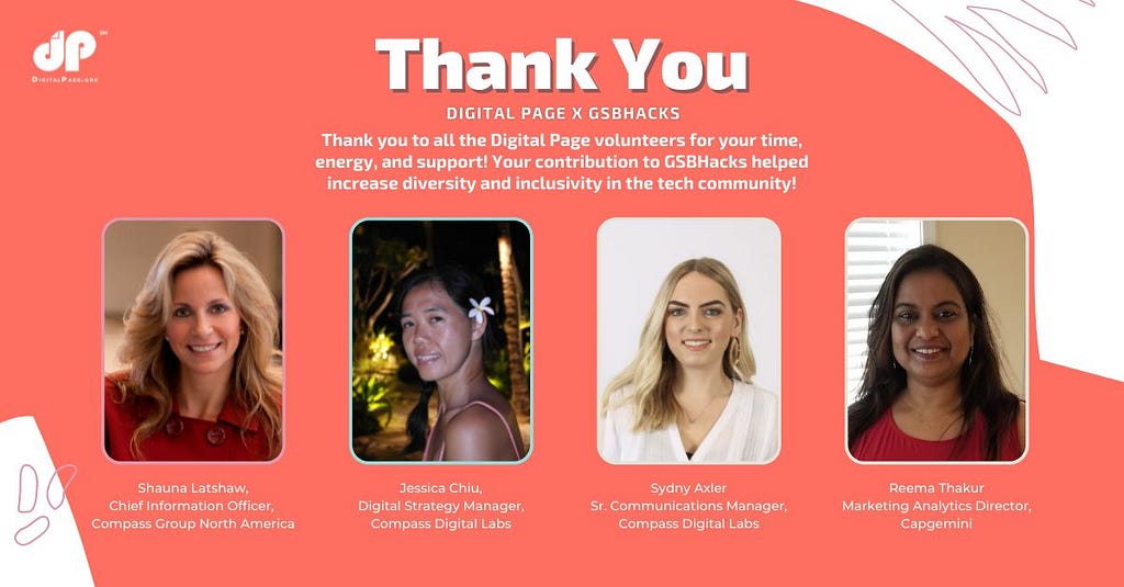 A thank you note that includes the photos of Compass volunteer Shauna Latshaw, CIO Compass Group NA, and CDL volunteers Jessica Chiu, Digital Strategy Manager, and Sydny Axler, Sr. Communications Manager.