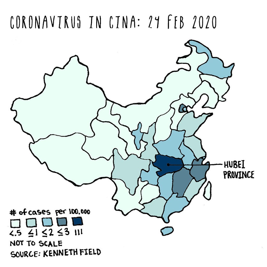 Coronavirus in Cina: 24 Febbraio 2020 (colorazione alternativa)