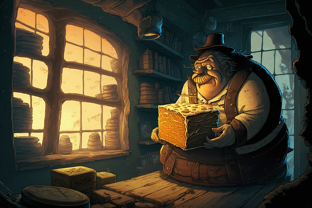 A heavyset sailor waddles thorugh the kitchen of a high fantasy ship; He holds bewteen fat fingers a hefty block of butter-like substance.