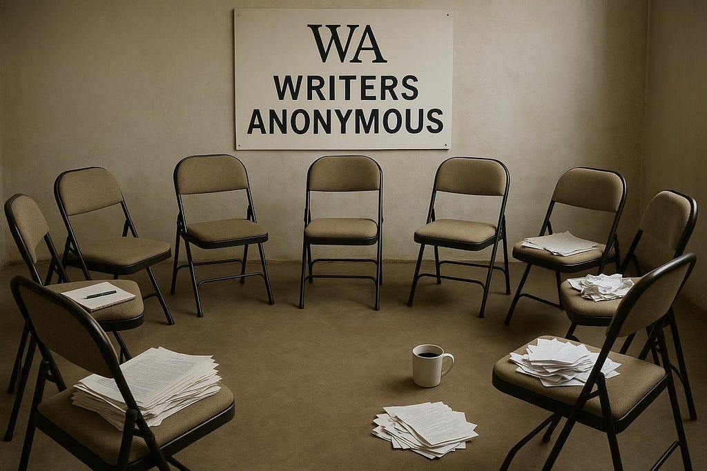 “A tongue-in-cheek photo of a ‘Writers Anonymous’ support group setup. Eight beige folding chairs form a circle on a bare concrete floor, surrounded by scattered piles of paper and half-empty coffee mugs. A plain white sign reading ‘WRITERS ANONYMOUS’ hangs on the wall, evoking an AA-style meeting with a humorous literary twist.