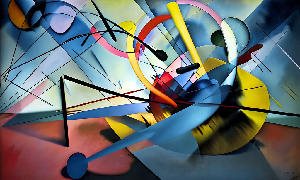 An vibrant abstract painting full of depth and detail. ‘Motion 6’ | Image Generated by Gustave Deresse; Writer & AI Artist in NightCafe; Edited in Canva Pro