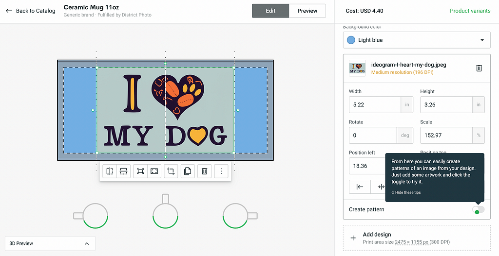 Printify product design page with Ideogram “I HEART MY DOG” design being applied to a coffee mug