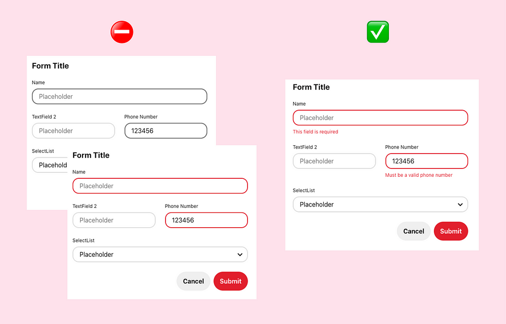 Two examples of Pinterest form-fields (part of the Accessibility Design Deck) show a correct and an incorrect way to convey error status. The incorrect example shows the red color used as the only status indicator of an error in a text field. The correct example shows pairing a text message below the text field, combined with the red color to clearly indicate an error status on the text field.