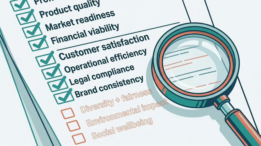 Illustration of a checklist with a magnifying glass. The top items — Product quality, Market readiness, Financial viability, Customer satisfaction, Operational efficiency, Legal compliance, and Brand consistency — are checked off in teal. At the bottom, three items in faded coral remain unchecked: Diversity + fairness, Environmental impact, and Social wellbeing. The magnifying glass hovers over the unchecked items, highlighting the gap.