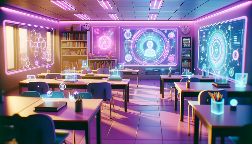 A futuristic classroom with vibrant neon purple, pink, and yellow colors, showcasing holographic displays and AI-assisted learning tools.