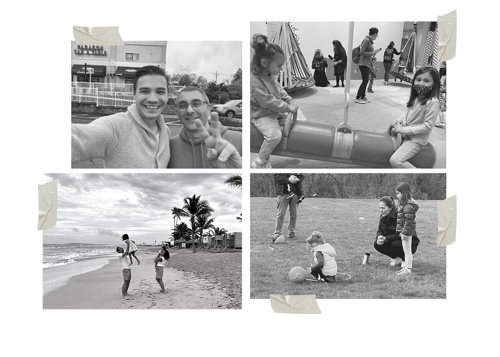 A collage of photos featuring my lunch with Jim Frangione, the girls at the Liberty Science Center, a photo of my family on the beach, and a photo at our local park playing soccer.