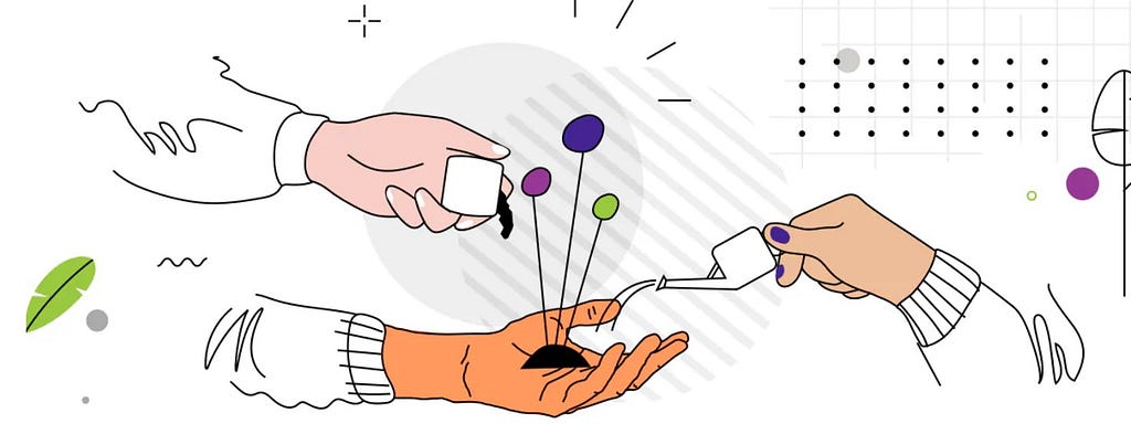 A minimalist illustration showing three disembodied hands engaged in a creative process. One orange-sleeved hand is open, palm up, with colorful pins or markers (purple, blue, and green) sticking out of it. A white-sleeved hand is dropping a white cube or block onto this hand. Another hand with purple nail polish is pouring something from a small white container onto the open hand. Abstract design elements like dots, lines, and a green leaf surround the scene, suggesting collaboration.