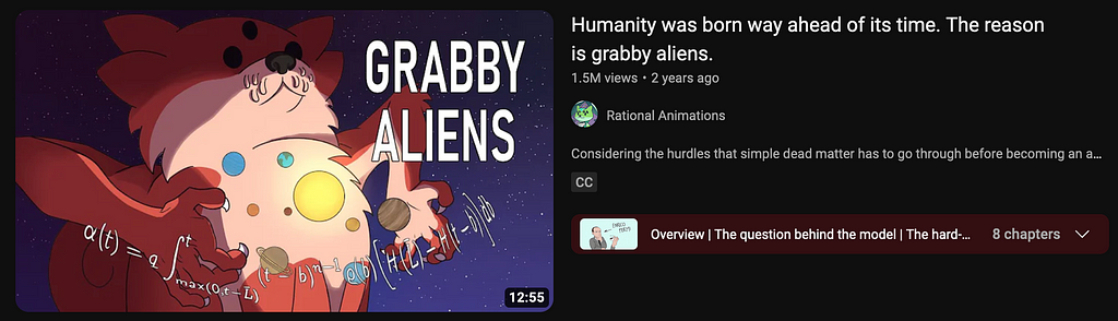 Screenshot of Rational Animations’ video called “Humanity was born way ahead of its time. The reason is grabby aliens.”