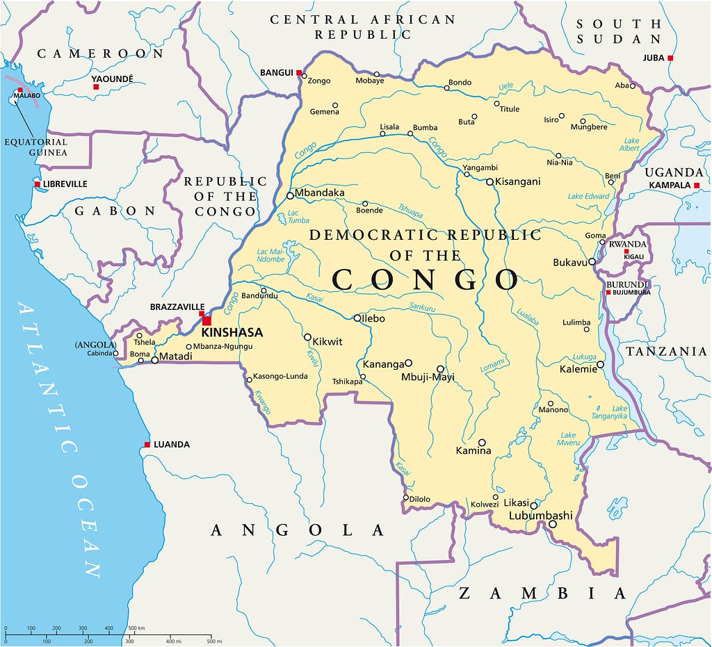 Map of the Democratic Republic of the Congo with surrounding countries. Image by Peter Hermes Furian/Adobe Stock