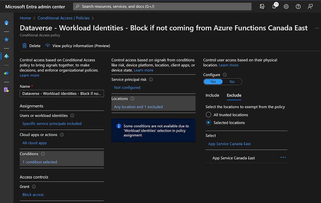 Block access to Dataverse for workload identities not coming from Azure Functions Canada East — Excluded locations