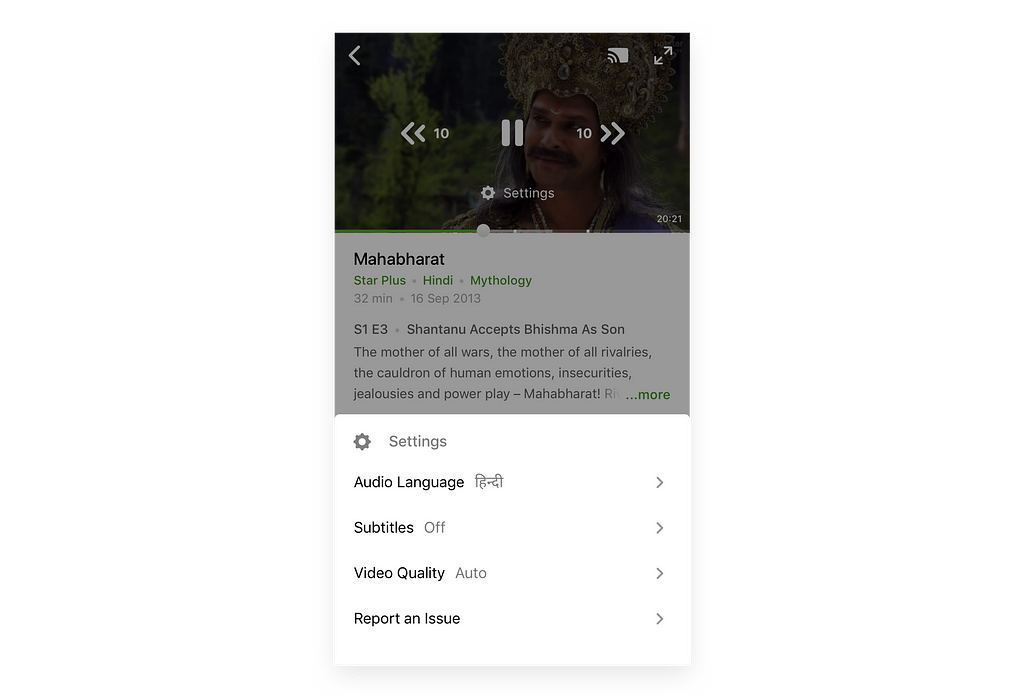 Mockup of a settings bottom sheet in a video streaming app