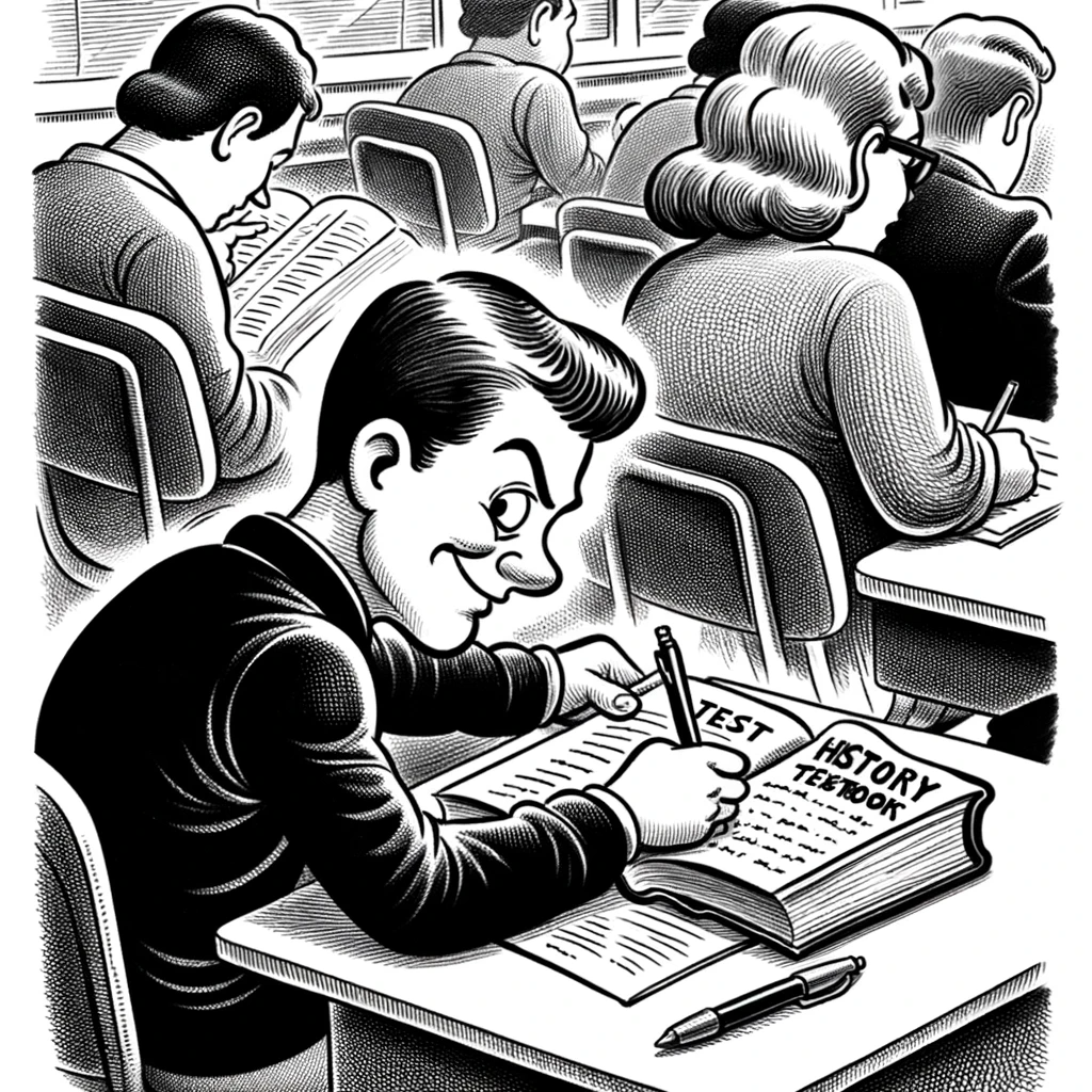 A New Yorker-style cartoon of a student writing a test while sneakily cheating with a history textbook. The scene captures the student’s sly and mischievous behavior in a humorous and classic New Yorker cartoon style.