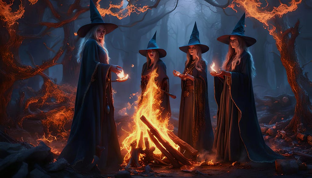 Four witches, standing around a fire trying to set the woods alight