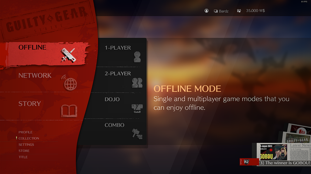 The main menu of Guilty Gear Strive. The options from top to bottom and left to right are offline, network, story, profile, collection, settings, store, title, 1-player, 2-player, dojo, and combo. The offline mode has subtext under it that reads “Single and multiplayer game modes that you can enjoy offline.”