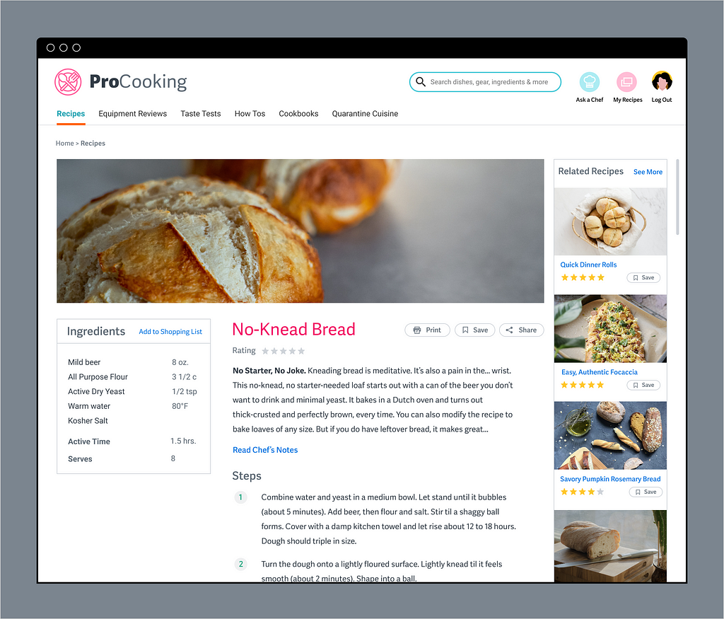 Redesigned mockup of webpage with same recipe for bread baking