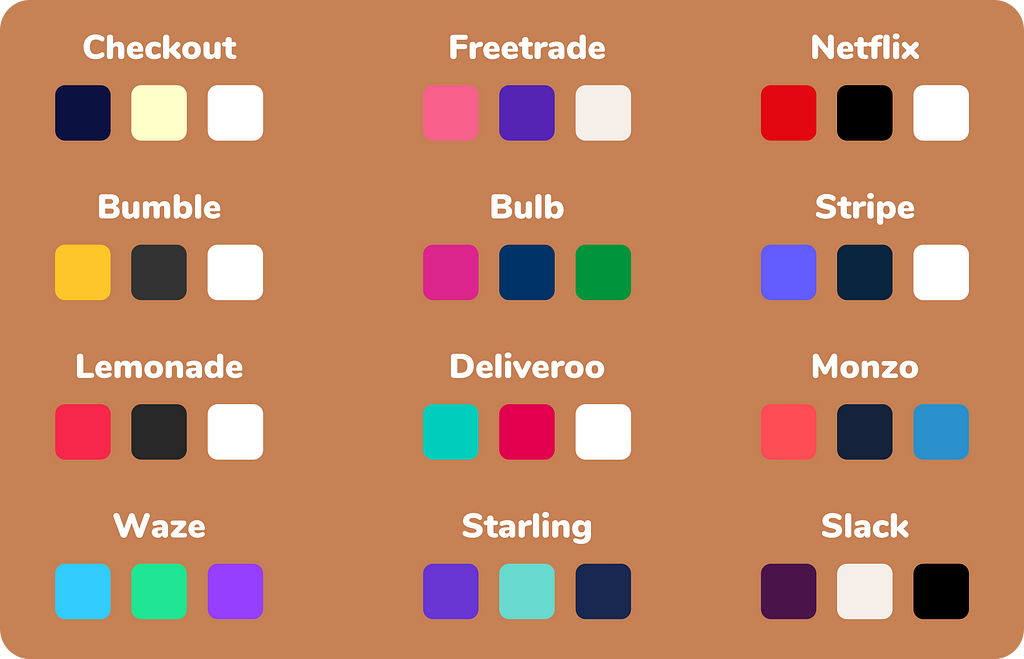 Image of colour palettes for various startups