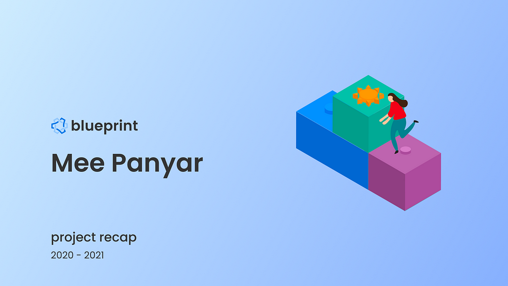 Illustration of person on top of lego tower decorated with a sun icon. Text says Mee Panyar Project Recap 2020–2021