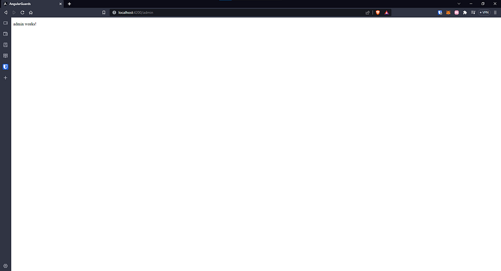 An image showing navigation to localhost:4200/admin and the text “admin works!” being displayed at the top of the page