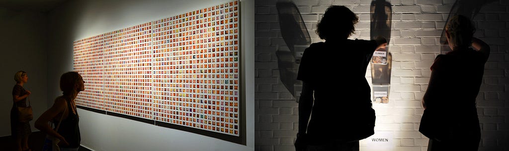 Large grid of faces on gallery wall, two people select small face chips from buckets on gallery wall.
