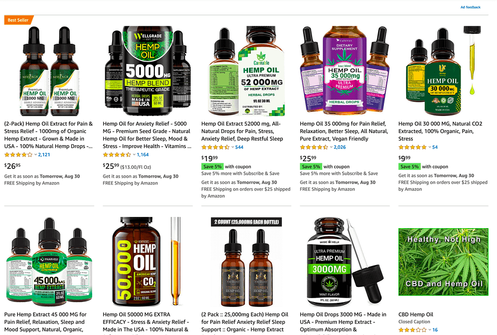 Screenshot showing various fake CBD products sold on Amazon in impossible potency such as 25,000mg of CBD in a one bottle.