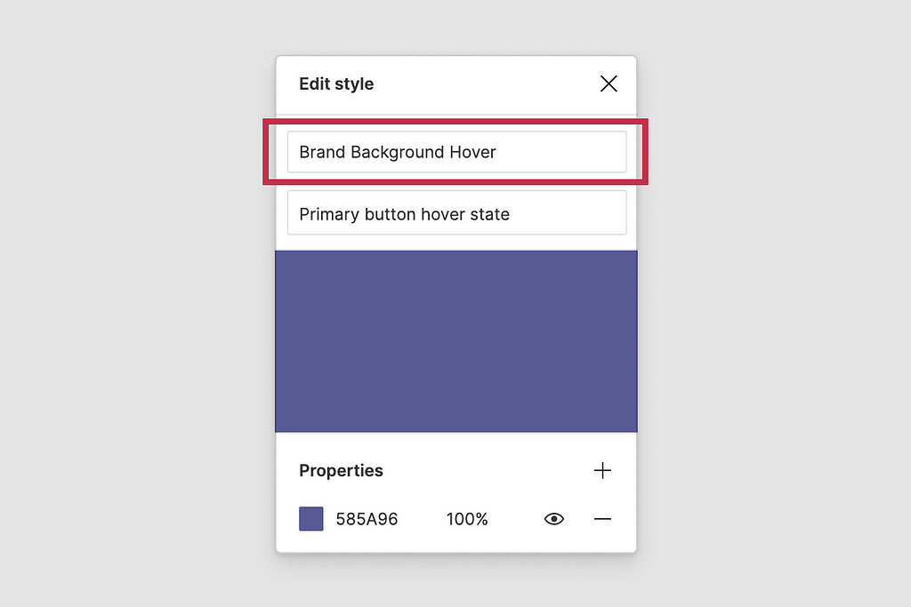 Figma UI color picker showing the saved value called “Brand Background Hover”