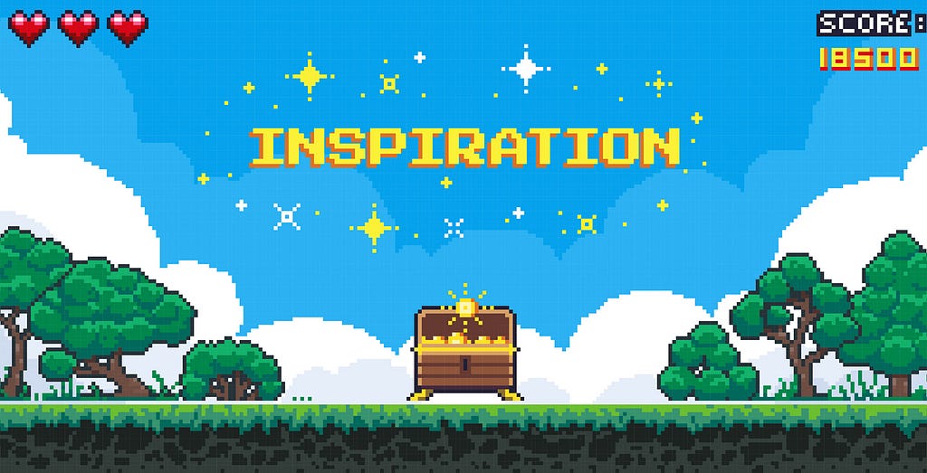 8bit retro game art showing open chest of gold with large heading above it that says: “INSPIRATION!”
